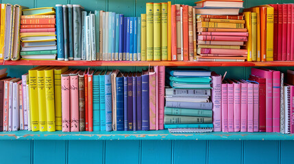 Stacks of colorful textbooks and notebooks neatly arranged on a classroom desk