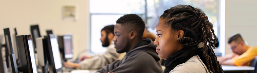 Vocational training centers offering hands-on experience, career development resources online, professionals honing their skills through workshops, lifelong learning embraced