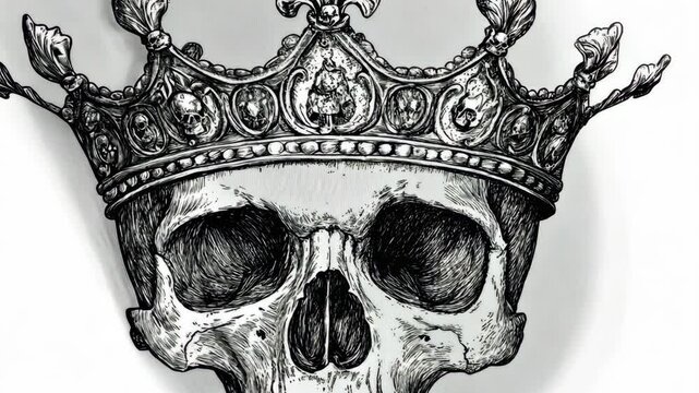 Intricately designed skull wearing a regal crown showcases artistic mastery and symbolism in bold monochrome style