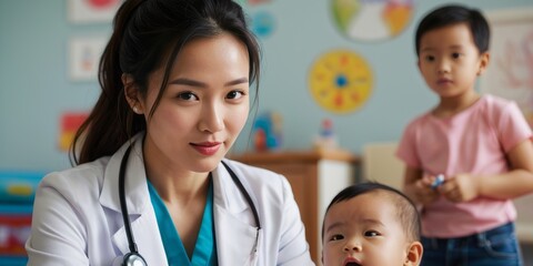 A female pediatrician smiling and interacting with a baby in a modern clinic, with another child playing in the background.