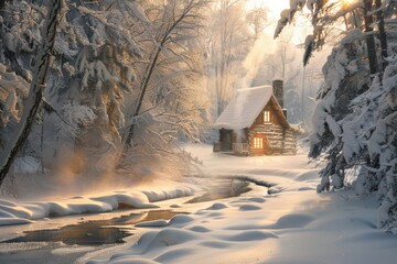 A cozy cabin in a snowy landscape, illuminated by warm light, surrounded by serene winter scenery and gently flowing stream.