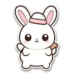 Obraz premium Cute Cartoon Bunny with a Hat and a Stick