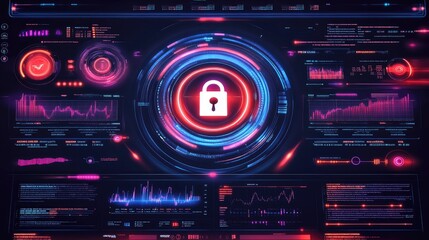 Futuristic Cybersecurity Concept Featuring a Glowing Digital Padlock