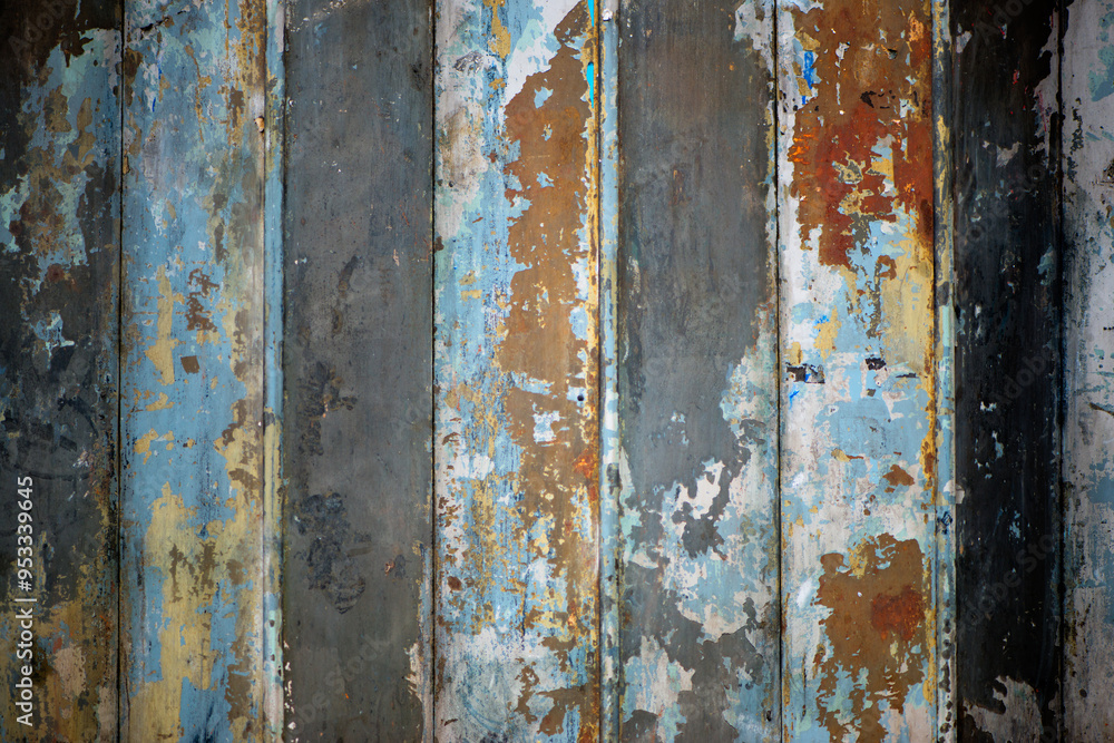 Poster empty, wall and rust on wood, texture and color with damage, architecture and design of apartment. m
