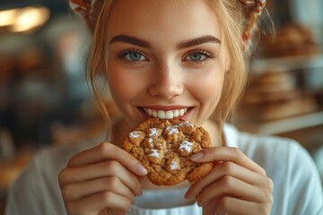 Funny girl in apron eating handmade cookie, Generative AI