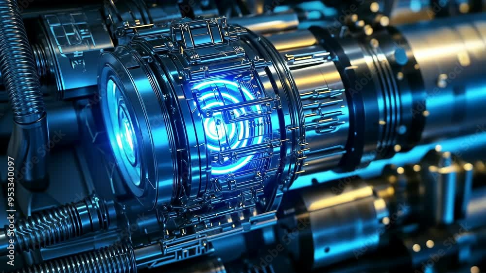 Poster a close-up look at advanced machinery with glowing components and intricate designs in a futuristic 
