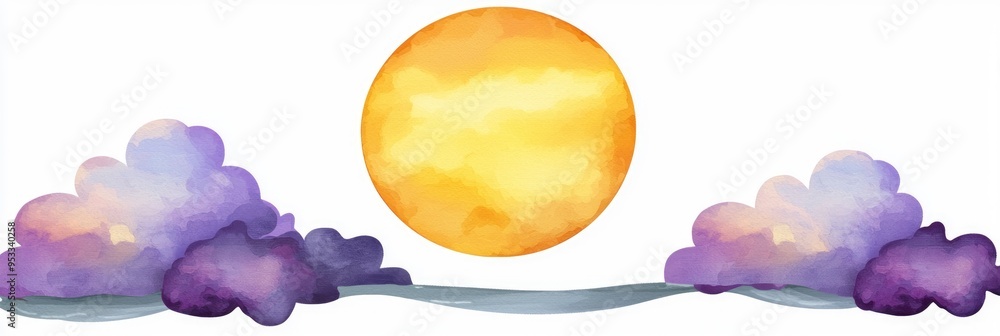 Poster Watercolor Illustration of a Sun and Clouds