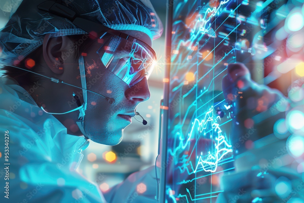 Poster a focused scientist analyzes data on a digital interface, showcasing advanced technology and innovat