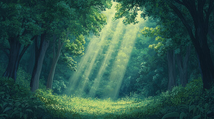 Obraz premium Sunlight Through Trees in a Lush Green Forest - Cartoon and Anime Landscape