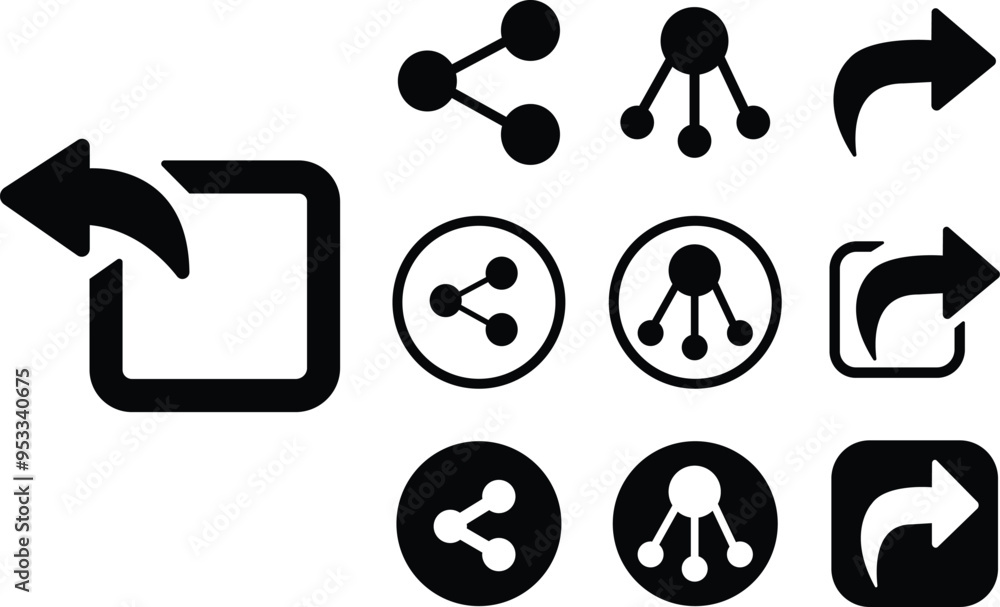 Poster share flat icons set. arrow symbols. reply send forward buttons connection signs isolated on transpa