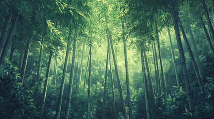Obraz premium Tranquil Bamboo Forest: Lush Greenery and Sunlight - Cartoon and Anime Landscape