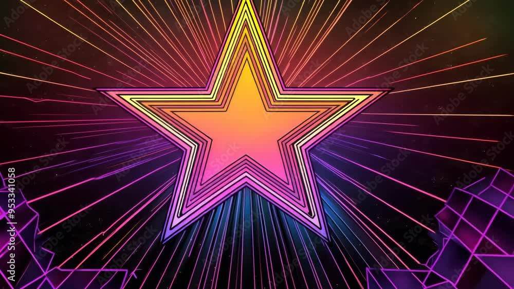 Poster colorful retro star animation glowing against a dynamic background of vibrant lines and patterns