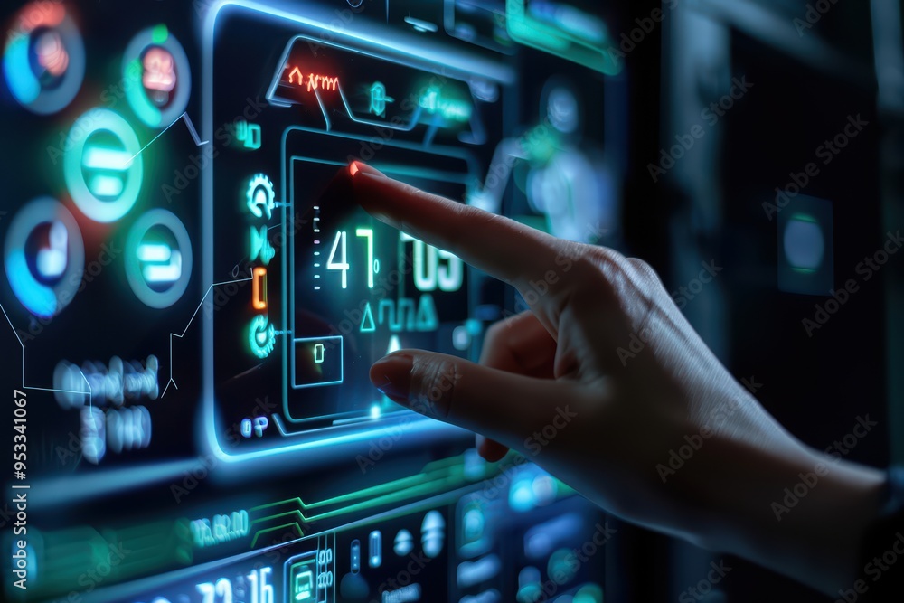 Poster a hand interacting with a futuristic touch screen user interface displaying various metrics and cont
