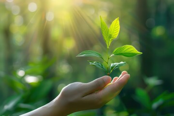 A hand holding a young green plant with vibrant leaves, symbolizing growth, hope, and environmental care in a sunlit forest.