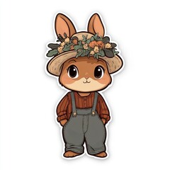 Naklejka premium Cute Cartoon Rabbit in a Hat and Overalls