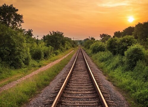 The sun is slowly setting behind the distant train tracks in view