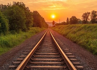 The sun is slowly setting behind the distant train tracks in view