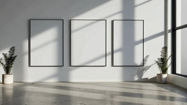 Empty gallery space with three blank frames and plants casting shadows in the afternoon light