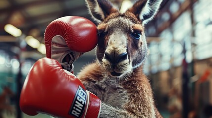 A playful kangaroo wearing boxing gloves, ready to spar in a vibrant training environment, showcasing its unique personality and spirit.