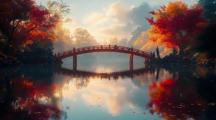 Red bridge over a tranquil lake with colorful autumn foliage reflecting in the water.