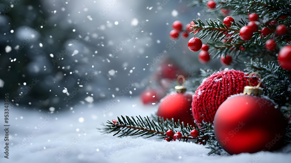 Canvas Prints Red Christmas ornaments on a snowy pine branch.