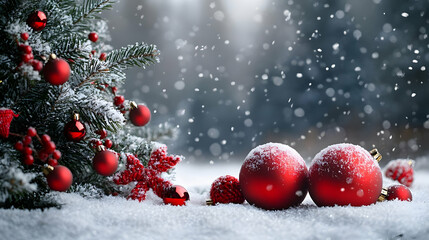 Red Christmas ornaments on a snowy background with a pine branch with red berries.