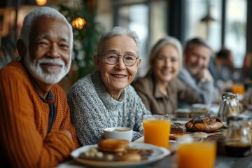 Warm-toned portrait of diverse group of senior people enjoying breakfast in cozy nursing home, copy space, Generative AI