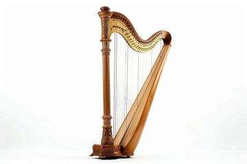 A wooden harp sits alone on a clean white surface, ready to play beautiful melodies