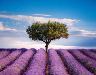 A lone tree stands tall in a field of lavender in Provence under a clear blue sky