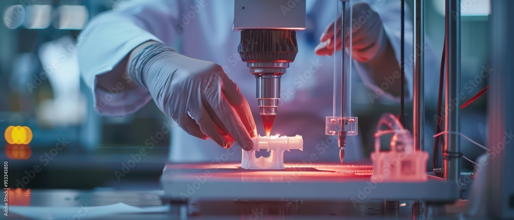 Poster a researcher uses a 3d printer to create precise models in a high-tech lab environment. focus on inn