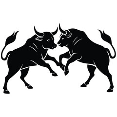 Obraz premium Black silhouette of two bulls facing each other in aggressive stance with tribal style and strong contrast