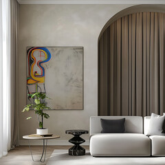 Aesthetic minimalist room interior design. Mockup picture frames. Concrete paint and mock up poster on the walls. Copy space. Clean apartment for decoration. Japandi, scandi, rustic style.