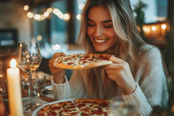 women eating pizza.she is having party at home, Generative AI