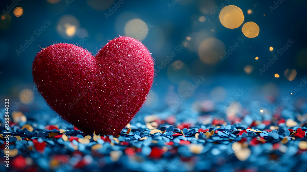 Sticker Red heart on blue confetti with bokeh lights.