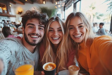 Happy friends taking selfie with mobile smartphone while lunching in coffee brunch restaurant - Young trendy people having fun eating together - Youth, Generative AI