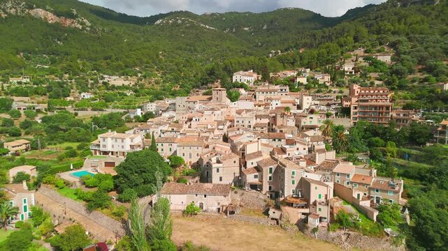 Aerial view of the picturesque Spanish town Estellencs, Mallorca, Spain. 
