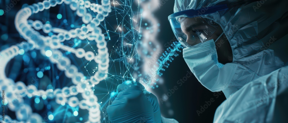 Poster a scientist examines molecular structures with advanced technology, representing innovation in genet