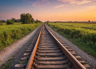 The sun is slowly setting behind the distant train tracks in view