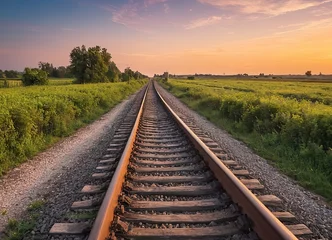 Gordijnen The sun is slowly setting behind the distant train tracks in view © Алексей Ковалев
