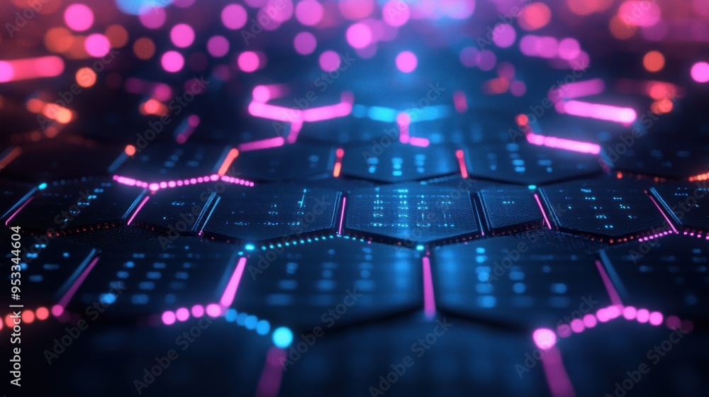 Poster abstract hexagon pattern with neon lights
