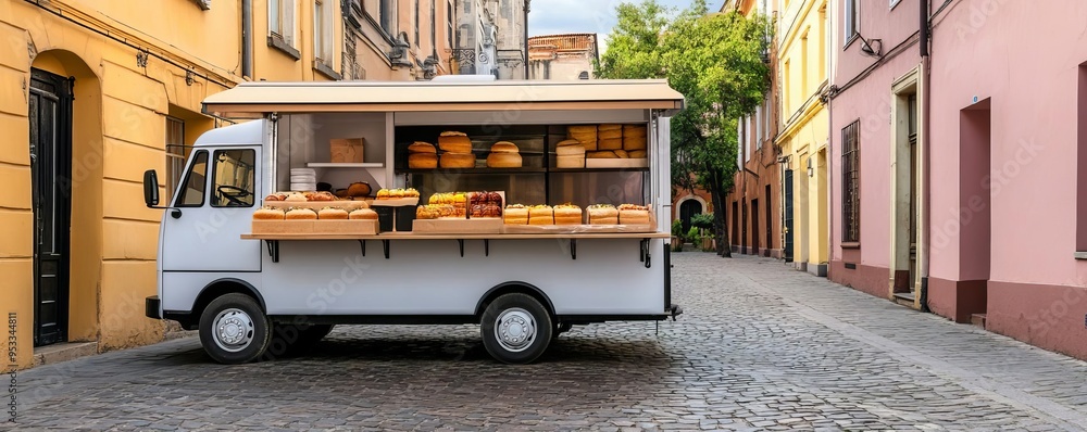 Wall mural Bakery truck in a historical district, cobblestone streets, classical architecture, timeless charm