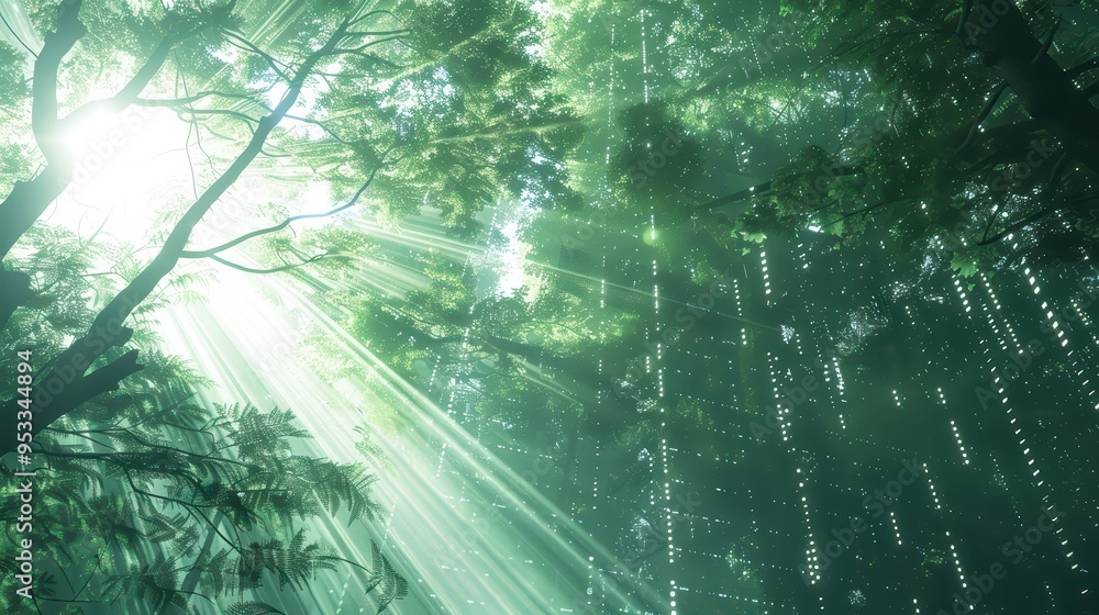 Poster a serene forest scene with sunlight filtering through lush green trees, creating a tranquil and ethe