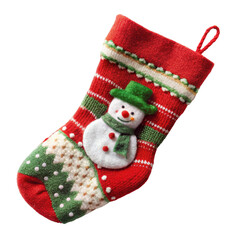 Red Christmas stocking with a snowman design, featuring green and white decorative patterns. Perfect for holiday decorations. Isolated on transparent background, png.