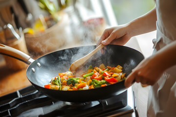 Close-up woman preparing Asian food in wok pan