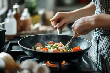 Close-up woman preparing Asian food in wok pan
