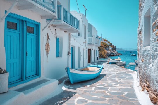 Fototapeta Traditional greek fishing village in mandrakia with turquoise colored fishing boats on street by the sea