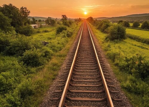 The sun is slowly setting behind the distant train tracks in view