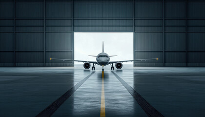 Front view of an airplane in a hangar, ready for departure. Industrial aviation scene with clear sky background through the hangar door.