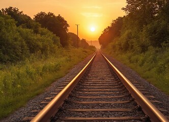 Fototapeta premium The sun is slowly setting behind the distant train tracks in view