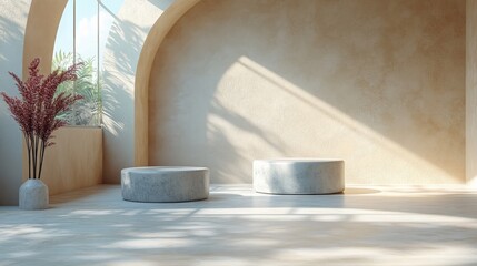 3D Render Abstract Beige Background with Empty Cylinder Podiums: Modern Minimalist Showcase Scene Illuminated by Daylight with Futuristic Pedestals for Product Presentation